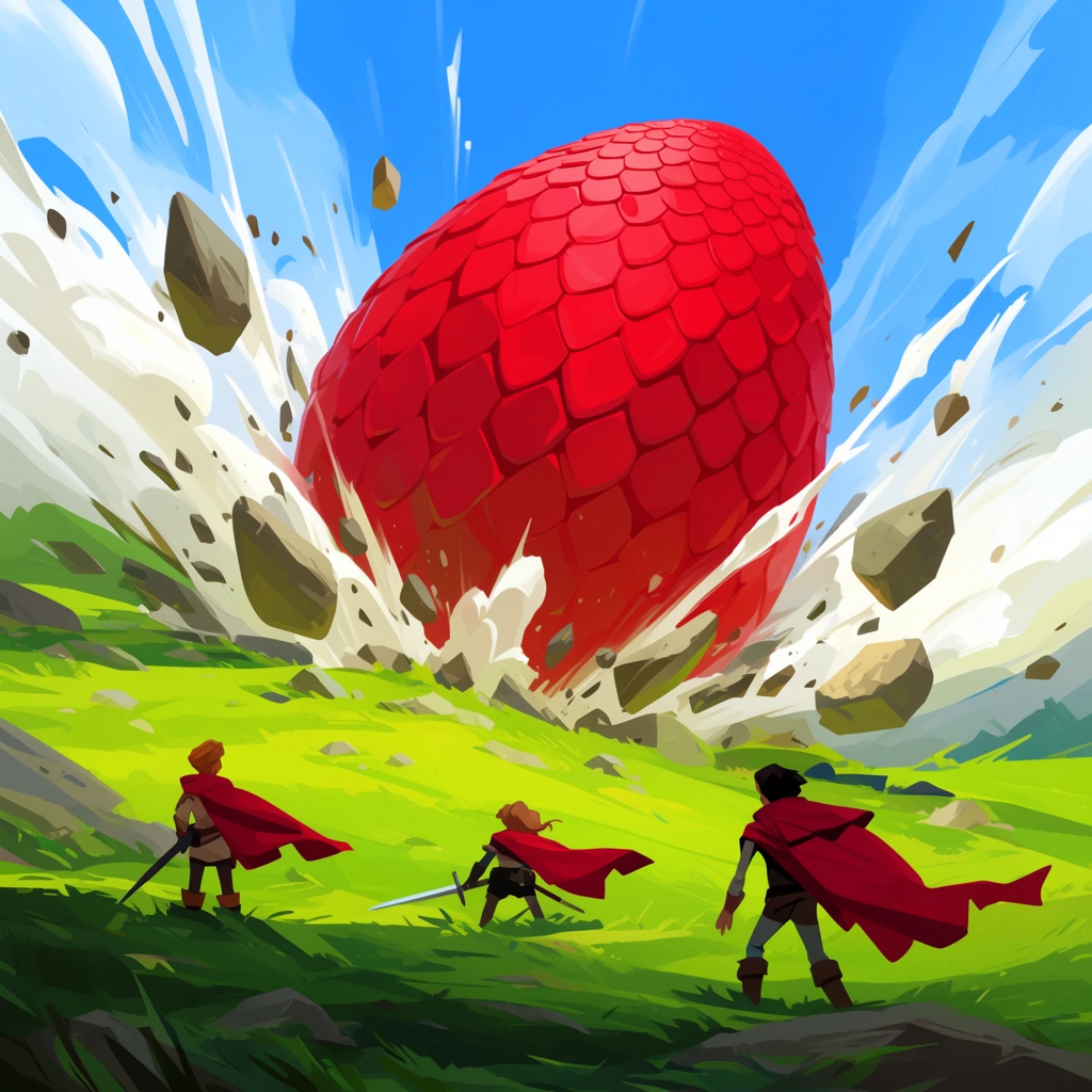 A massive, scaly red egg crashes into vibrant green hills, blasting giant rocks and sweeping white smoke into a bright blue sky. Three adventurers with flowing red capes watch the stylized impact from the foreground.