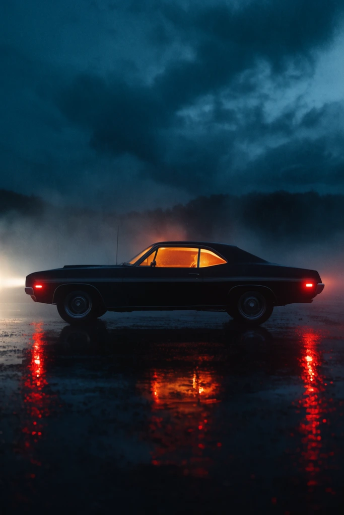 Classic dark muscle car, parked on wet ground, glowing warm orange interior light, deep blue moody atmosphere, heavy mist, dark cloudy night sky, bright red reflections on wet pavement, cinematic film noir style, retro aesthetic, profile shot