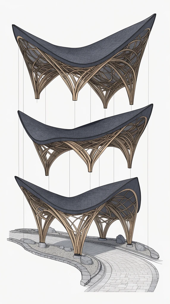 exploded isometric architectural diagram, organic sweeping canopy structure, three vertical floating layers, dark grey textured roof with pointed ends, intricate curving wooden lattice framework, curving paved pathway with stone borders, vertical projection lines connecting layers, clean technical line art, minimalist white background