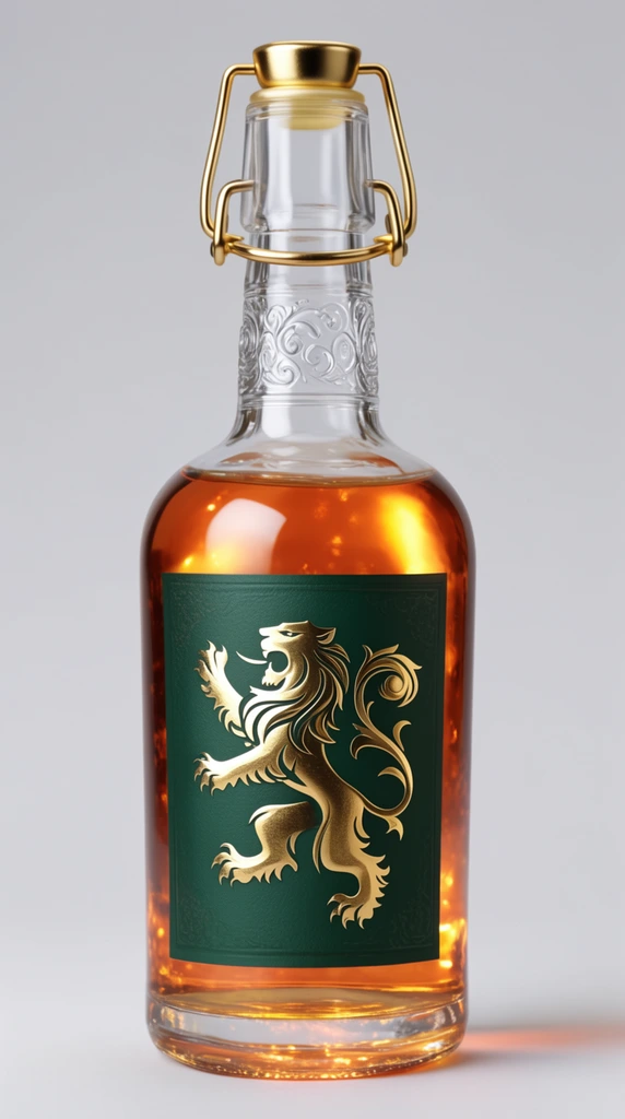 clear bottle of glowing amber liquid, gold flip-top cap, dark green label with ornate metallic gold stylized lion emblem, embossed neck detail, crisp studio lighting, light gray background