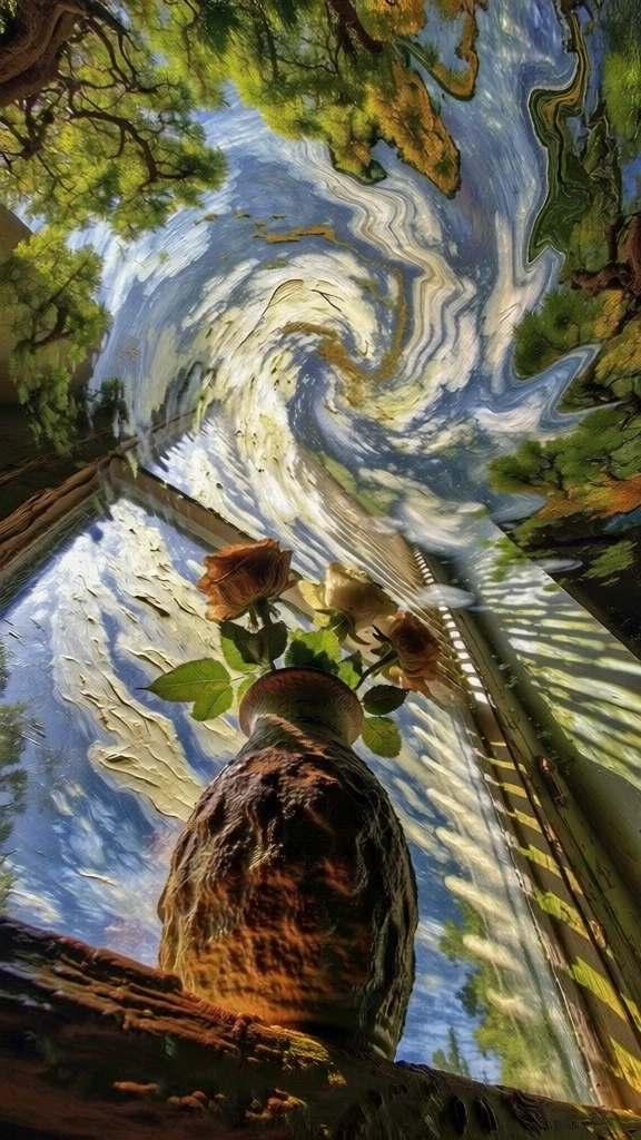 low-angle dramatic perspective, textured ceramic vase with roses on a windowsill, slats of blinds, background dissolving into a surreal van gogh-inspired vortex of painterly blues and ochre, thick impasto brushstrokes, high-contrast lighting, dreamlike impressionistic aesthetic, swirling marbleized liquid textures, hyper-detailed foreground against a psychedelic sky, fluid motion, ethereal and cinematic atmosphere, vibrant saturated colors