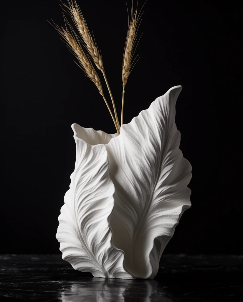 A highly textured matte white vase resembling folded organic leaves holds three dried golden wheat stalks against a stark black background. Resting on a glossy dark surface, the asymmetrical vessel is illuminated by dramatic side lighting that accentuates its intricate ridges and creates a high-contrast minimalist still life.