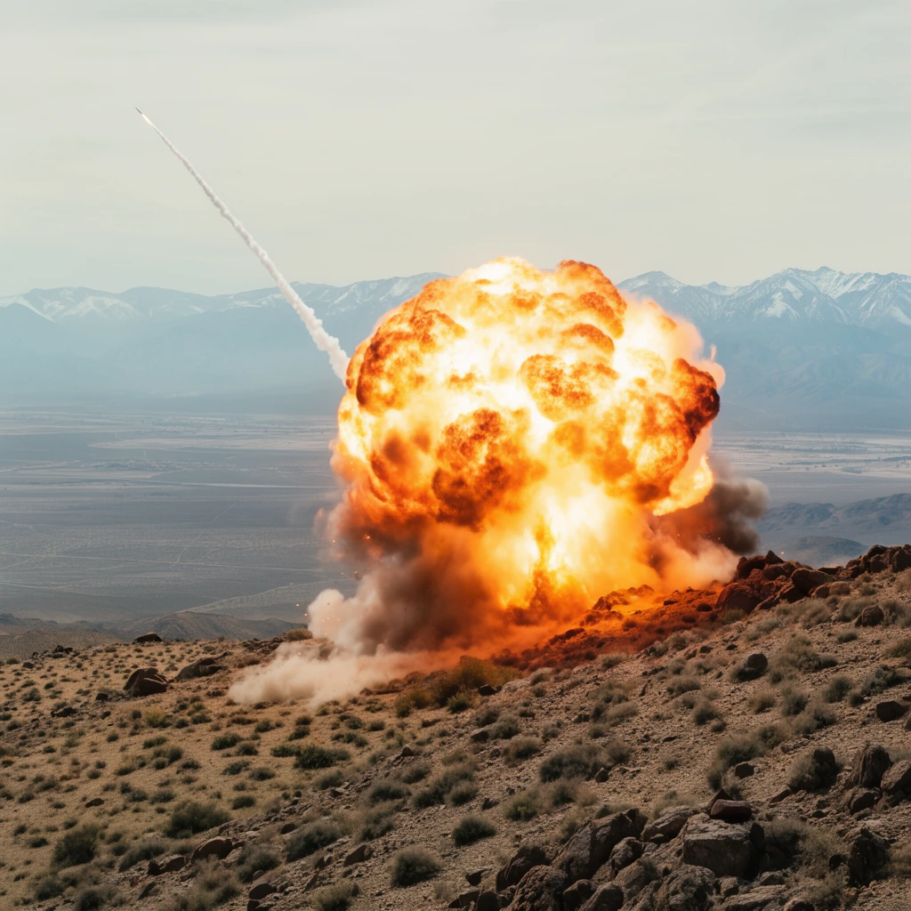 massive fiery explosion on a rocky desert ridge, bright orange and yellow fireball, thin white missile trail streaking from a pale sky, arid foreground with sparse scrub, expansive hazy valley, distant snow-capped mountains, cinematic wide shot, realistic lighting