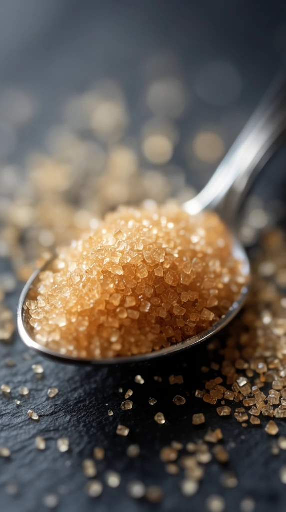 silver spoon heaped with golden brown sugar crystals, macro photography, translucent glowing texture, scattered granules on dark slate surface, extreme shallow depth of field, heavy bokeh