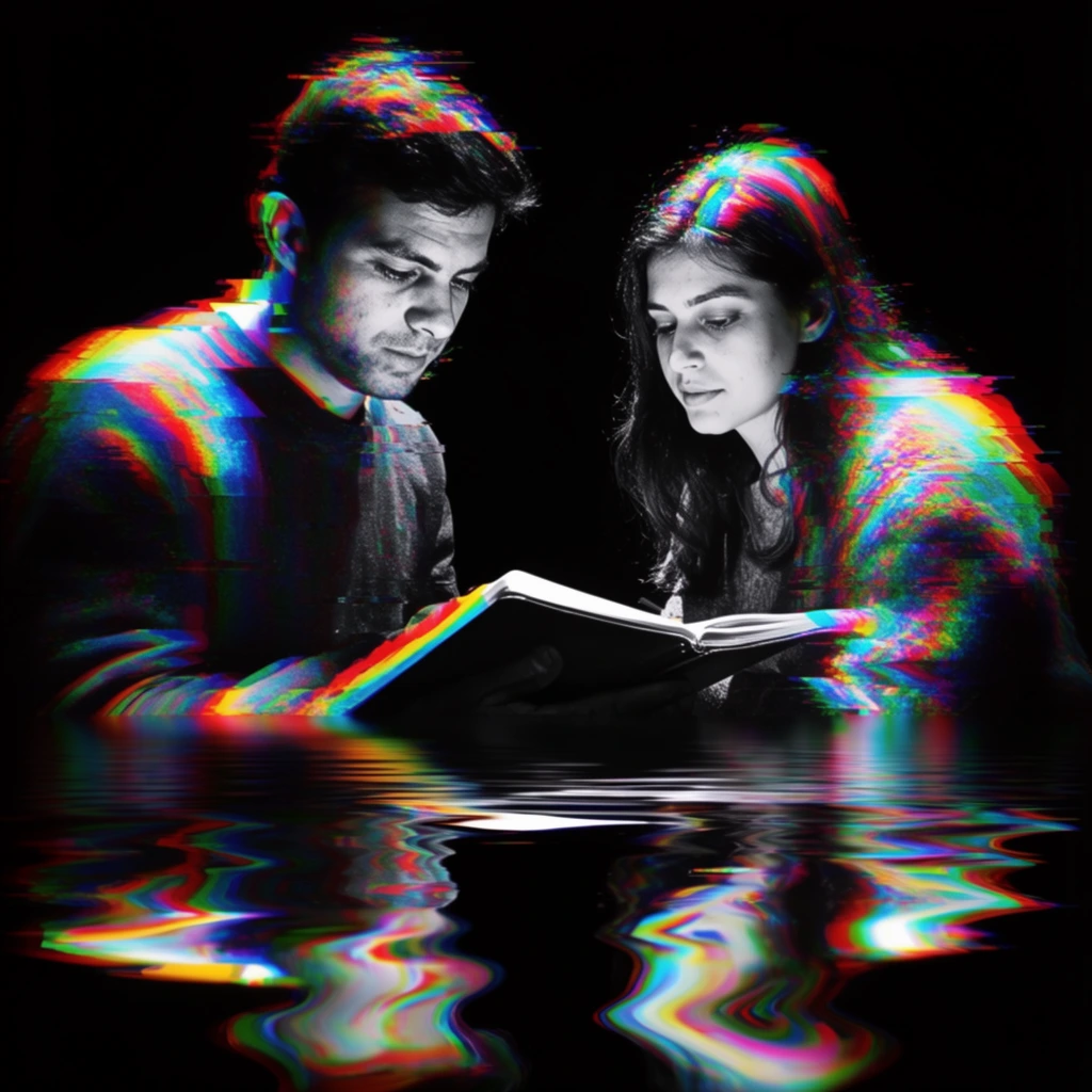 A man positioned on the left and a woman positioned on the right gazing downward at a notebook between them, isolated against a stark, pure pitch-black background. The figures and the notebook are enveloped in a heavy digital glitch aesthetic featuring extreme chromatic aberration, with thick RGB channel splitting producing vivid fringes of neon red, cyan, green, and yellow light bleeding from their outer silhouettes. The central elements remain sharply rendered under high-contrast, harsh frontal lighting, while their edges fracture into spectral static. The bottom section of the composition abruptly transforms into a highly distorted, horizontal liquid reflection, mirroring the man, woman, and notebook through elongated, undulating ripples of warped, glowing digital colors stretching across the dark void like a disturbed pool of liquid light.