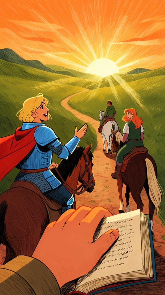 three fantasy adventurers riding horses down a winding dirt path toward a radiant sunrise, leading blonde knight in blue armor gesturing forward, large foreground hand holding a book, rolling green hills, stylized 2D illustration, textured cross-hatching, warm orange sky with glowing sunbeams