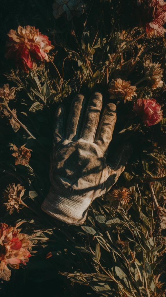 A top-down, high-contrast flat-lay captures a single gloved hand resting on a dense patch of coarse plants and scattered flowers under harsh, direct sunlight. The hand lies centrally, with the fingers slightly relaxed, encased in a heavily textured, worn glove that catches stark, bright highlights on its raised ridges. Beneath and around the hand, the dense foliage consists of overlapping leaves, tightly intertwining stems, and thick, textured petals rendered in muted earthy tones, deep ochres, and faded reds. Intense, singular directional lighting creates severe chiaroscuro, casting elongated, pitch-black shadows from the fingers, leaves, and blossoms across the underlying vegetation. The stark illumination amplifies the dry, gritty surfaces of the flora and the deep, weathered creases of the glove fabric. The overall aesthetic is a raw, rustic still-life characterized by a moody, deeply shadowed color palette, sharp high-frequency textural details, and a distinct, distressed film-like grain.