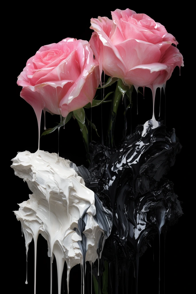 Two hyper-realistic pink roses coated in viscous, dripping gloss bloom above thick, heavily textured white and black impasto shapes. Long streams of wet monochromatic paint drip downward from the jagged, chunky forms against a pitch-black background, intertwining with the dark green stems of the flowers.