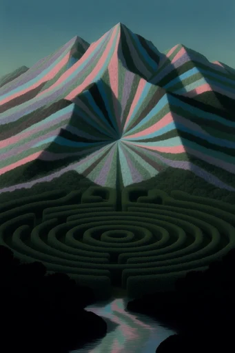 Surrealist Topiary Labyrinths style reference image — surrealist topiary maze