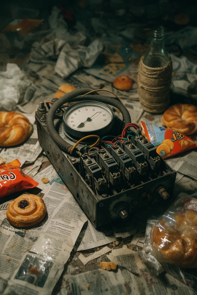 A makeshift electromechanical gadget featuring an analog dial, ribbed hoses, and exposed relay switches rests on a chaotic floor scattered with crumpled broadsheets, discarded snack packaging, loose pastries, and a twine-wrapped glass bottle under gritty, cinematic lighting.