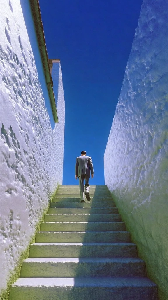 low-angle shot of a lone man in a nondescript suit ascending a steep concrete staircase within a stark narrow alley, hyper-saturated white walls set against a void-like cobalt blue sky, clinical high-noon sunlight casting razor-sharp shadows, textures are uncannily smooth and sterile with a digital sheen, dreamcore surrealism, minimalist liminal space composition, vibrant primary color palette, early 2000s cgi aesthetic, sharp focus, high-signal visual clarity, uncanny valley atmosphere