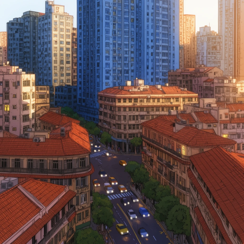 stylized dense cityscape, terracotta-roofed buildings, tall blue high-rises, street intersection, cars with glowing headlights, golden hour light, clear linework