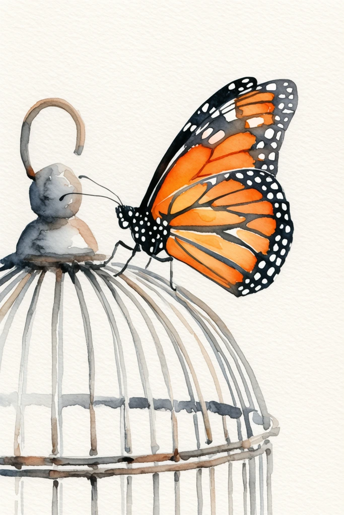 Watercolor painting, monarch butterfly perched on a curved vintage wire birdcage, vibrant orange and black wings, soft gray washes, textured off-white paper, minimalist close-up