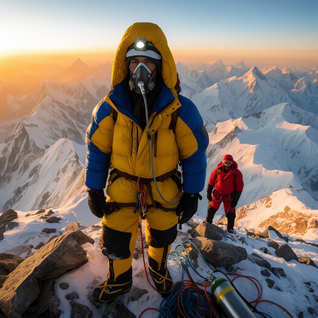 A mountaineer in a bulky yellow and blue down suit, oxygen mask, and headlamp stands on a rocky, snow-covered summit. Climbing ropes and an oxygen tank lie nearby. A second climber in red stands behind against a backdrop of endless snow-capped mountain peaks illuminated by a golden sunrise.