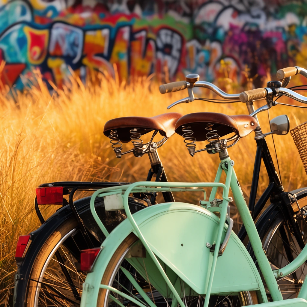parked vintage bicycles, mint green and black frames, brown leather sprung saddles, chrome handlebars, rear wheel guards, golden dry grass, vibrant graffiti wall background, warm golden hour lighting, shallow depth of field