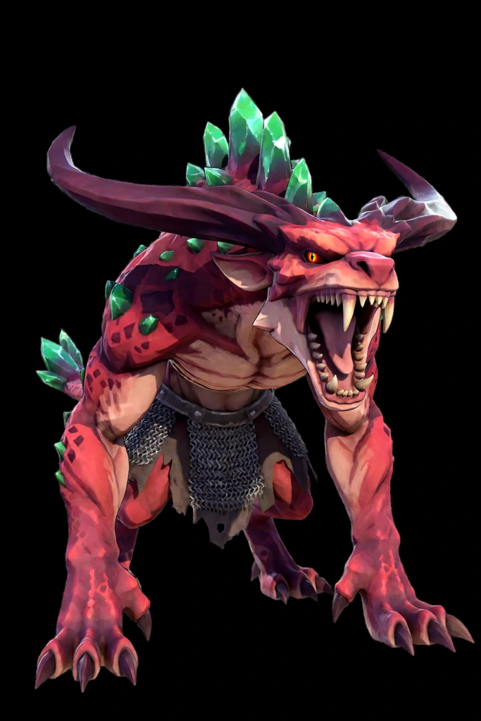 crimson reptilian beast in an aggressive quadrupedal stance, roaring with sharp fangs, emerald crystalline dorsal spikes, torn chainmail kilt, long swept-back horns, isolated on black background, vibrant cel-shaded 3D rendering