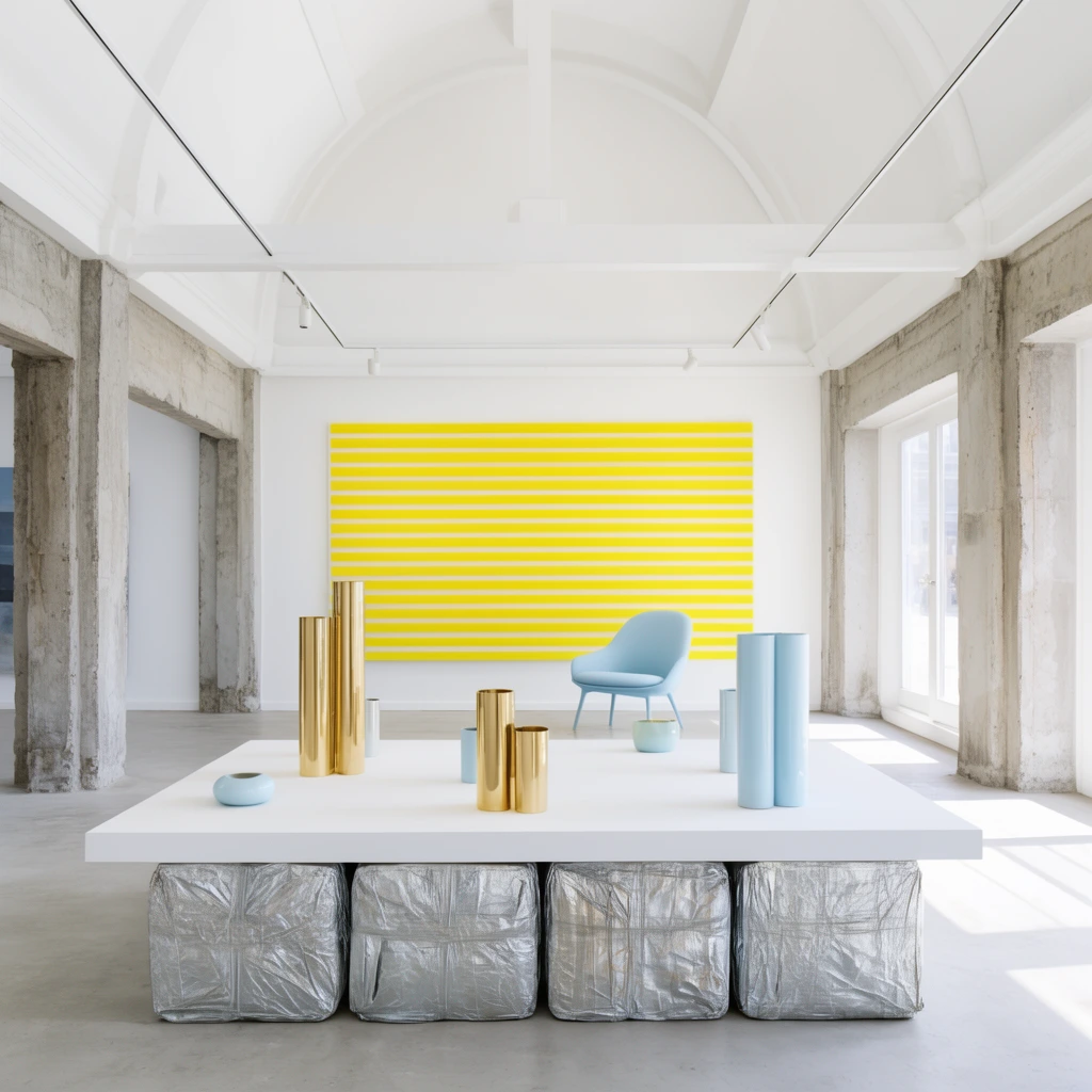 contemporary art gallery, white display table on compressed silver metallic textured blocks, tubular gold and pastel blue vessels, light blue chair in background, bright yellow horizontal striped wall installation, vaulted white ceiling, exposed concrete pillars, bright natural daylight, minimalist architectural photography