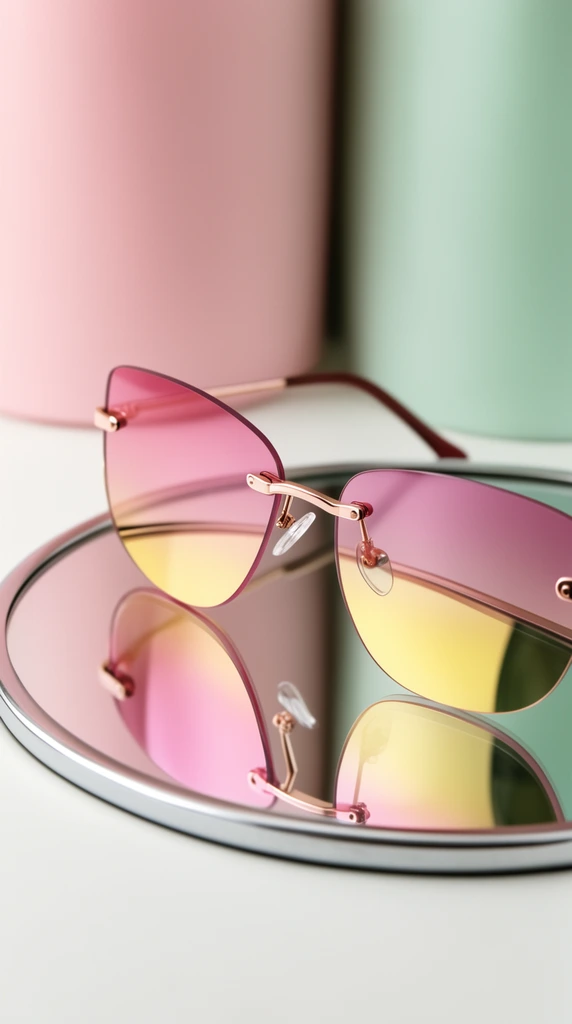rimless sunglasses with pink to yellow gradient lenses, resting on a silver-rimmed circular mirror, rose gold metal bridge and hinges, smooth pastel pink and mint green cylindrical background shapes, studio product photography, soft diffused lighting, shallow depth of field, minimalist elegant aesthetic, crisp lens reflections
