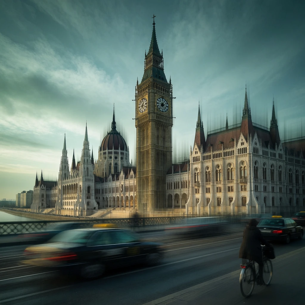surreal motion-blurred cityscape, prominent gothic clock tower and expansive parliament building, pronounced vertical streaking effect on architecture, horizontal speed blur on bridge traffic, dark taxis speeding past a cyclist, overcast teal and grey sky, cinematic teal and gold color grading, multiple exposure photography, eerie atmospheric perspective
