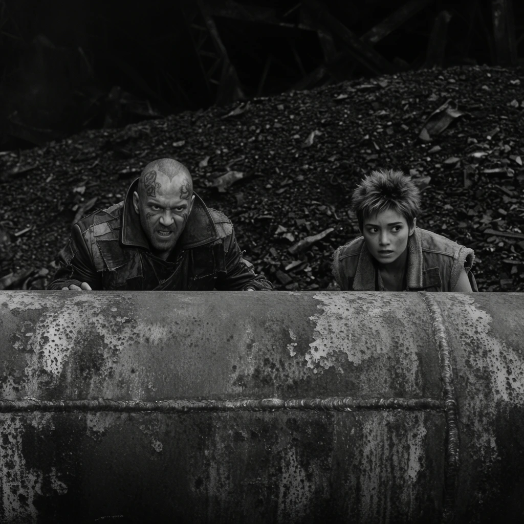 Two gritty wasteland survivors crouch defensively behind a massive, rusted industrial pipe in a dark, debris-filled landscape. The man on the left features a shaved head with prominent scalp tattoos and wears a heavy patchwork leather jacket with a high collar, leaning forward over the barrier with a glaring, aggressive expression. To his right, a young woman with short, spiky hair and a thick canvas vest peers over the edge, her eyes wide and tense. The foreground is entirely dominated by the colossal horizontal pipe, detailed with flaking metal, deep corrosive pitting, and thick horizontal weld seams. They are positioned on a steep incline of dark, loose gravel and jagged scrap, backed by an almost pitch-black background of shadowy, ruined structural beams. The visual is styled as classic, high-contrast black and white cinematography in a cinematic widescreen aspect ratio, featuring stark directional lighting, deep shadows, and sharp focus on the coarse metallic textures and expressive faces.
