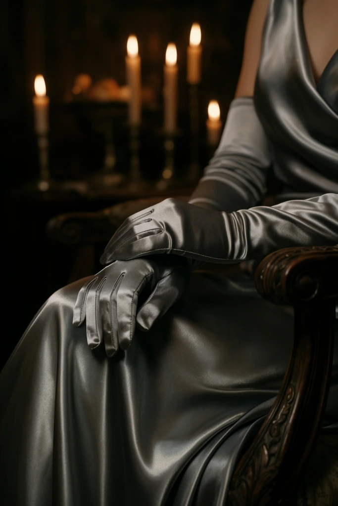 A pair of hands in long, metallic grey satin gloves rests gently over a matching draped satin lap. The glossy fabric forms soft creases, catching warm ambient light. One hand lightly crosses the other, draped over the intricately carved dark wooden armrest of an ornate chair. The background falls into deep shadows, illuminated by several softly blurred, glowing taper candles creating a warm bokeh effect. Low-key cinematic photography and a shallow depth of field emphasize the lustrous texture of the cool metallic satin against the moody, vintage atmosphere of the dimly lit room.