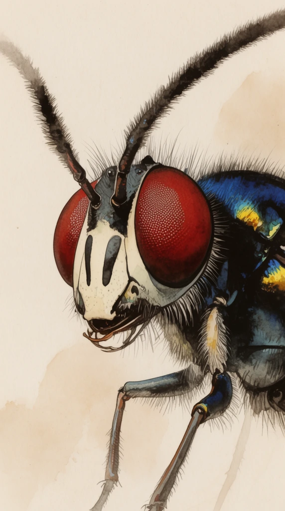 close-up profile illustration of a stylized insect, large red multifaceted compound eyes, pale mask-like face with dark markings, fuzzy dark antennae curving upward, iridescent blue and black thorax with yellow highlights, fine bristly hairs over the body, jointed front legs, vintage scientific illustration style, watercolor and ink technique, soft off-white textured paper background, faint sepia wash, highly detailed biological art