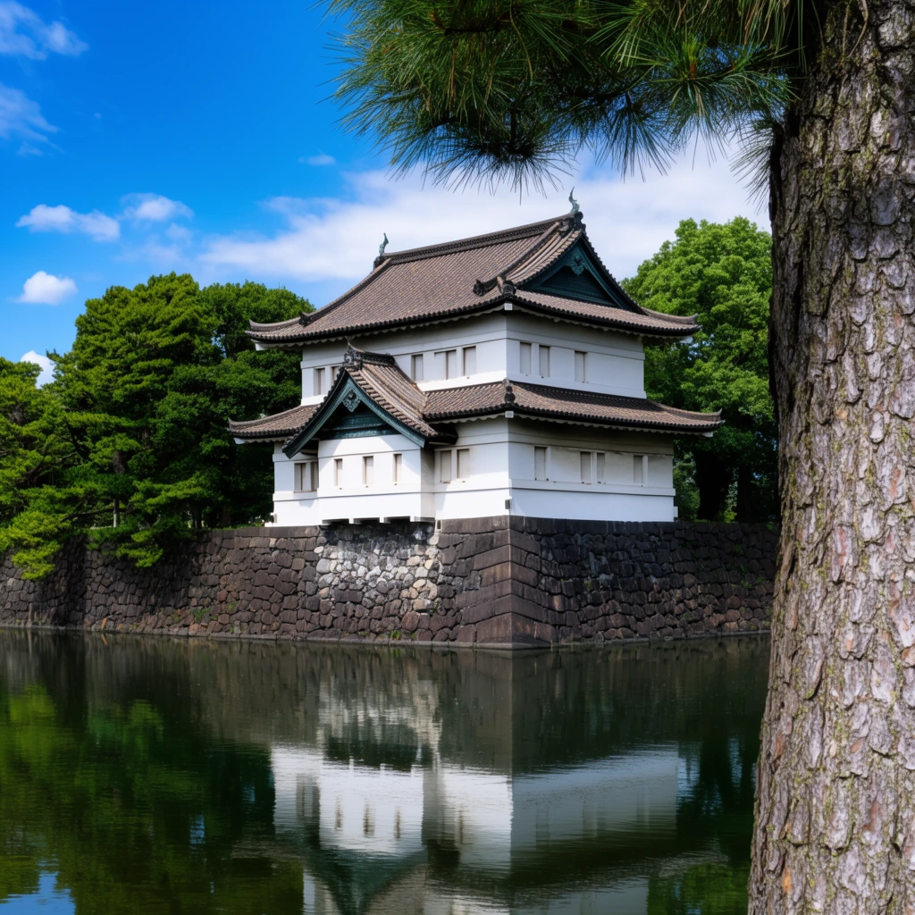 Traditional Japanese white guardhouse with dark tiled gabled roofs, massive stone foundation rising from a calm moat, clear reflection of the building in the water, framed by a thick textured tree trunk and pine needles in the right foreground, lush green trees flanking the structure, bright daylight, vivid blue sky with scattered white clouds, sharp architectural photography