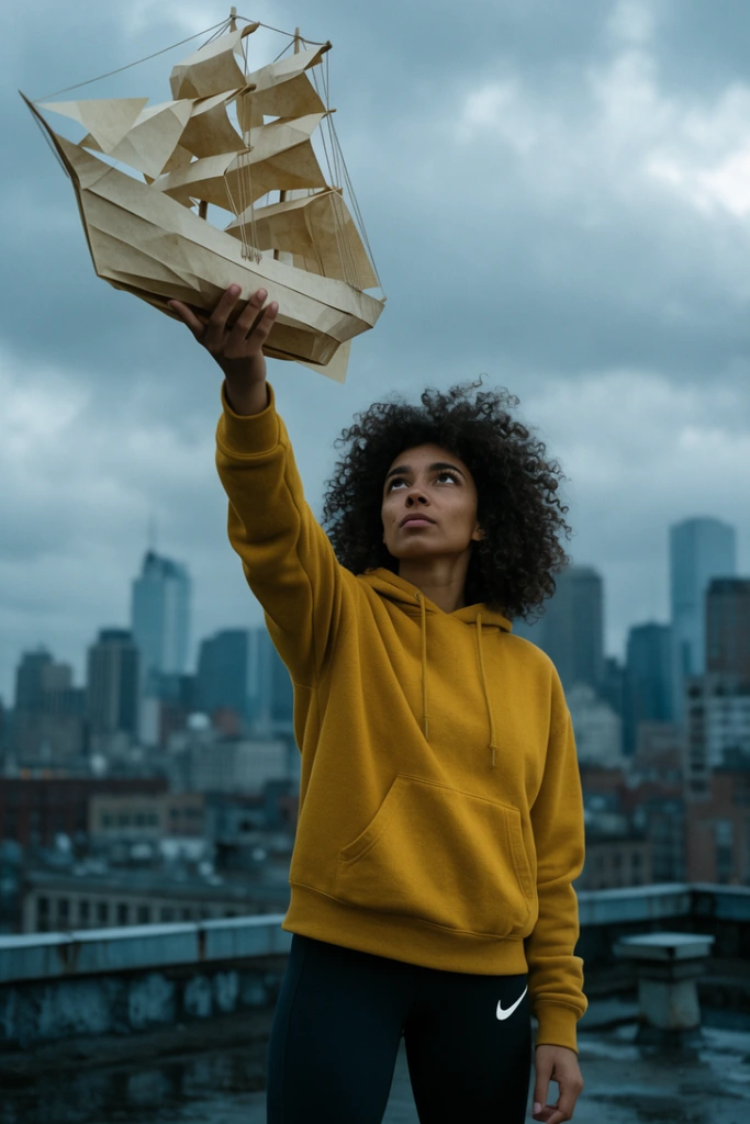 athletic woman with curly dark hair, mustard yellow hoodie, holding up a large paper-folded galleon ship, looking upward, left arm extended, standing on industrial rooftop, overcast city skyline background, cinematic lighting, shallow depth of field