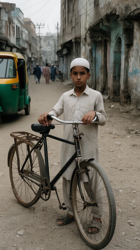 A young boy wearing a white skullcap and a pale long-sleeved shirt stands on a dusty street, holding an old black bicycle. His hands rest on the silver handlebars and rusty rear cargo rack. The documentary photograph features a gritty, unpaved road lined with weathered, peeling building facades. A green and yellow auto-rickshaw sits to the left, and distant pedestrians walk beneath overhead wires. Diffused natural light creates a realistic, muted color palette.