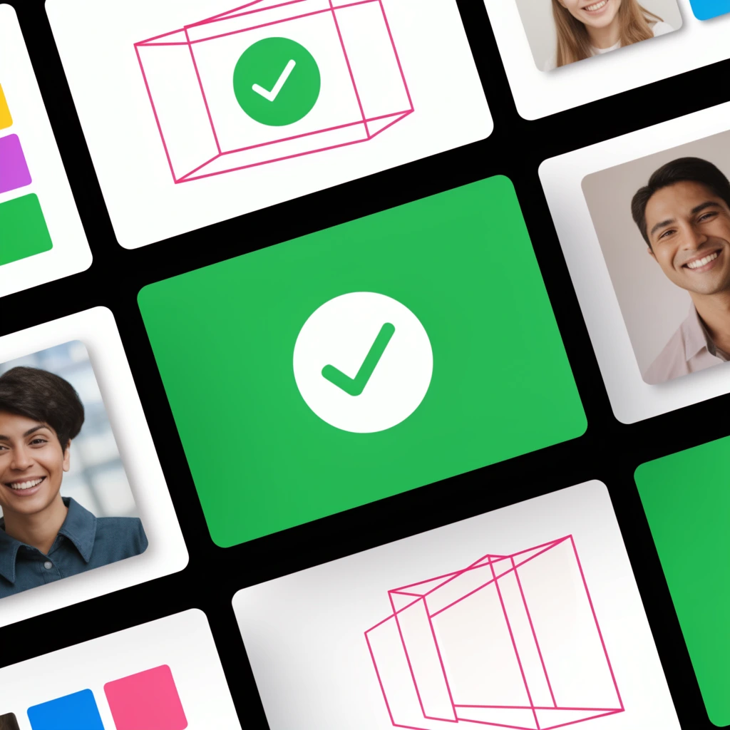 floating rectangular presentation slides in an angled grid on a black background, bright green and white cards, geometric layouts, circular checkmark icons, pink structural wireframes, vibrant square color swatches, small inset portraits of smiling people, soft drop shadows, sleek flat design, high contrast