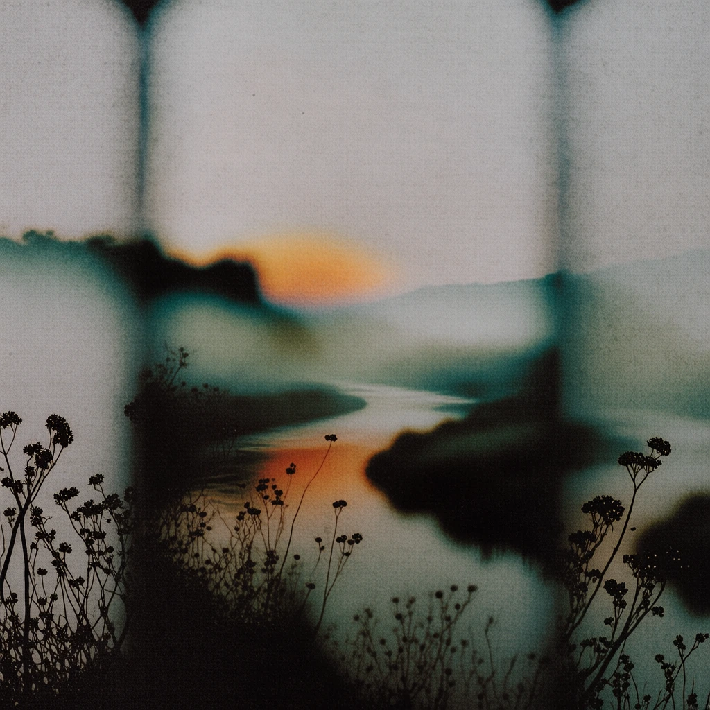 grainy and ethereal landscape viewed through three vertical frames, a winding river through a misty valley, soft-focus impressionistic style with heavy film grain, muted desaturated grey and teal tones contrasted with glowing orange light on the horizon, dark silhouetted dried weeds in the foreground, dreamlike atmosphere, surreal hazy textures, high digital noise, cinematic and melancholic fine art aesthetic, layered depth with soft bokeh and motion blur.