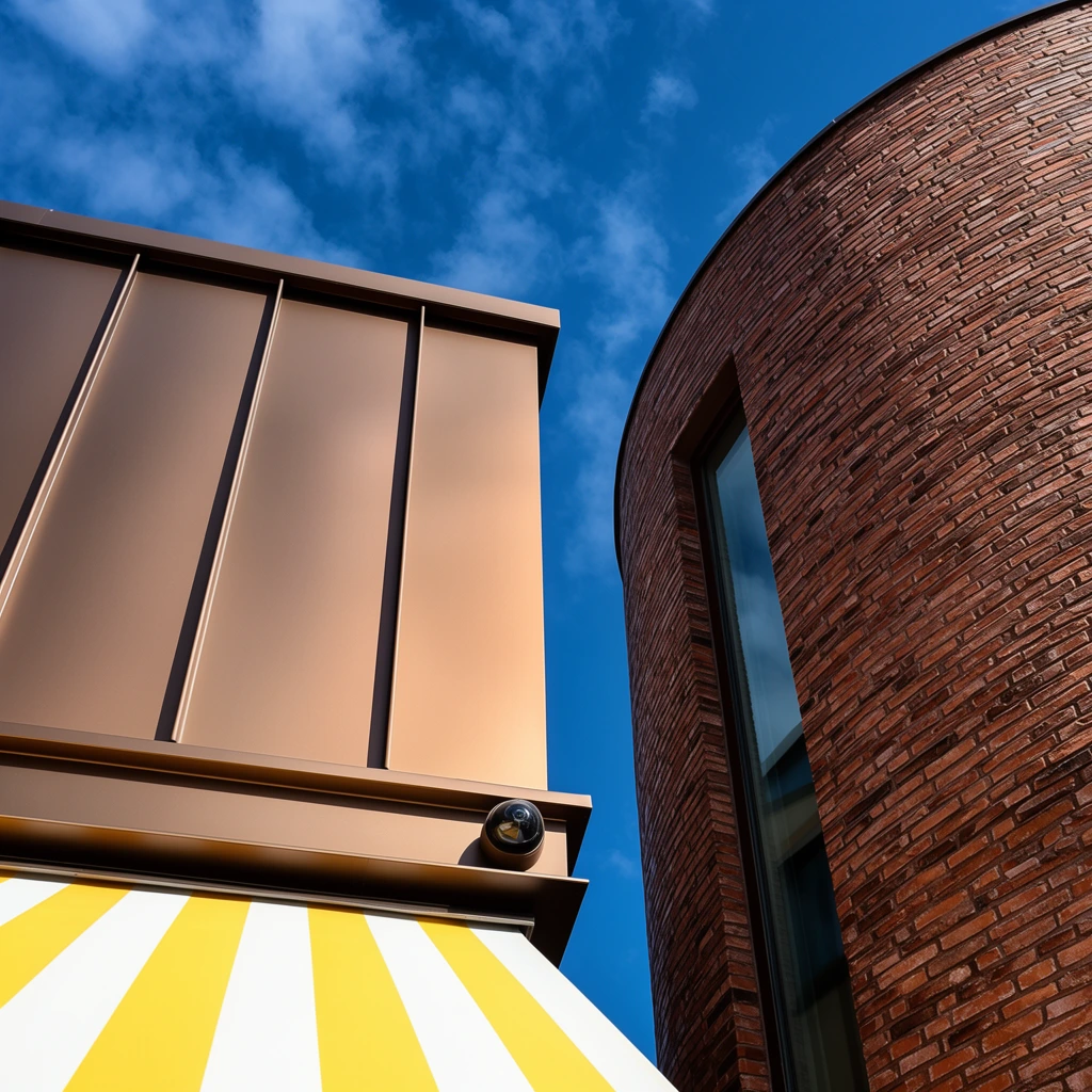 A low-angle architectural photograph of two contrasting building facades converging against a vivid blue sky with scattered clouds. The left structure features smooth metallic bronze cladding with raised vertical seams casting sharp shadows, positioned above an awning with wide yellow and white stripes. A dark spherical security camera is mounted at the metallic edge. To the right, a cylindrical structure built from textured reddish-brown bricks contains a tall, narrow vertical window reflecting the sky. A narrow spatial gap separates the sharp rectilinear metal volume from the curved masonry wall under bright, direct daylight.