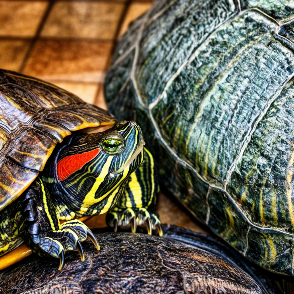 close-up of a red-eared slider turtle, vibrant yellow and black striped skin, bright red patch behind a sharp reptilian eye, curved claws gripping a dark textured shell below, framed by massive heavily ridged turtle carapaces, large mottled greenish-grey shell with deep geometric scutes dominating the right background, blurred brownish tiled floor, high contrast lighting, vivid color saturation, intricate organic textures