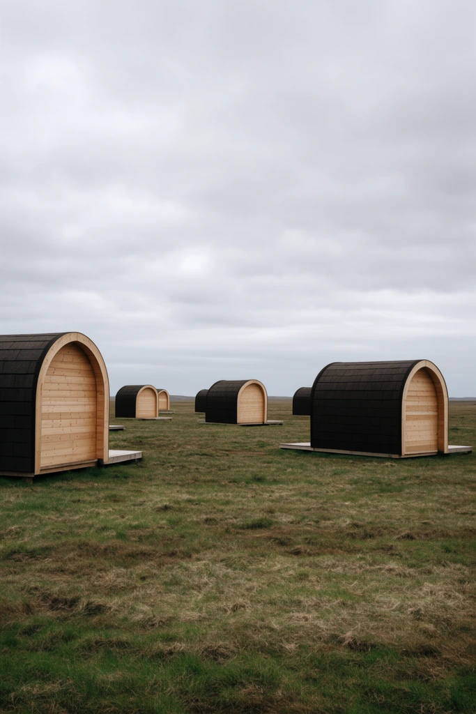 Identical semi-cylindrical wooden cabins scatter across a flat grassy plain beneath a vast overcast sky. The structures feature light wood-paneled fronts and dark textured arched roofs, resting on subtle wooden platforms among patchy green and brown grass. Wide landscape photography captures the muted earthy color palette, diffuse natural light, and stark geometric repetition of the cabins against the desolate, distant horizon.