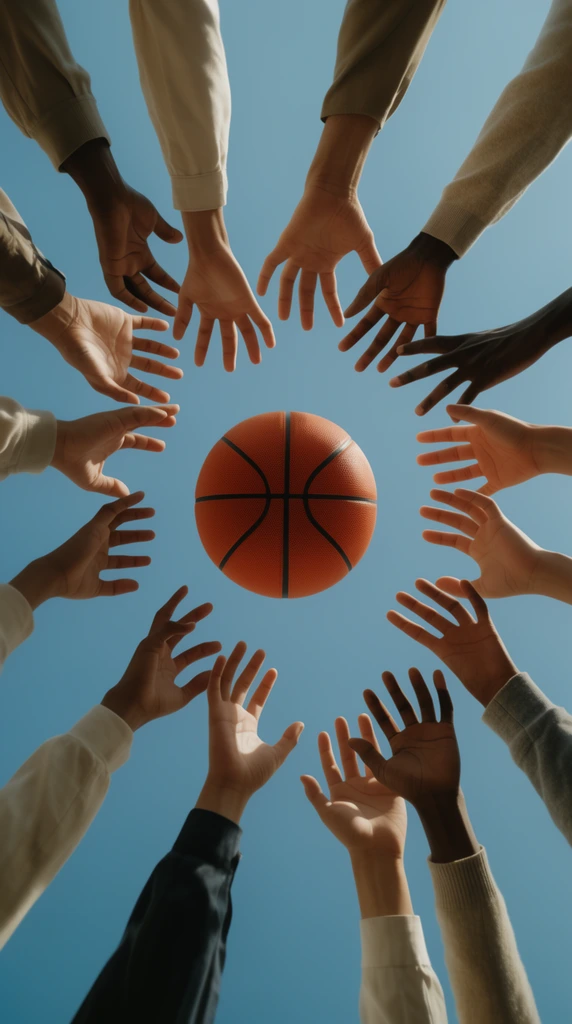 A low-angle worm's-eye view of multiple human arms reaching inward toward a central orange basketball against a clear blue sky. The radial composition features grasping hands of varying skin tones, neutral sleeves, and cinematic sunlight.