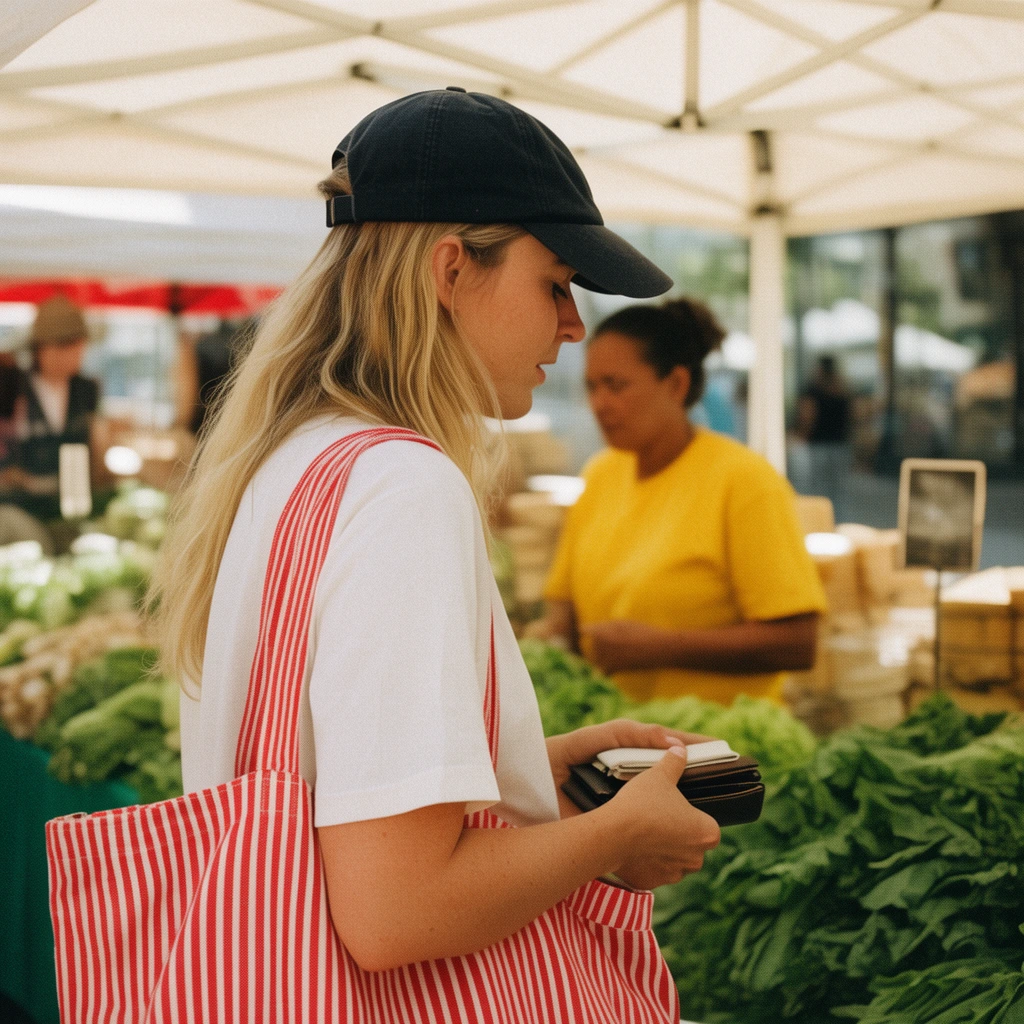 woman in profile at outdoor market, blonde hair, dark baseball cap, white t-shirt, red and white striped tote bag, holding wallet, blurred vendor in yellow shirt behind fresh leafy greens, white canopy, grainy film photography, warm daylight, shallow depth of field