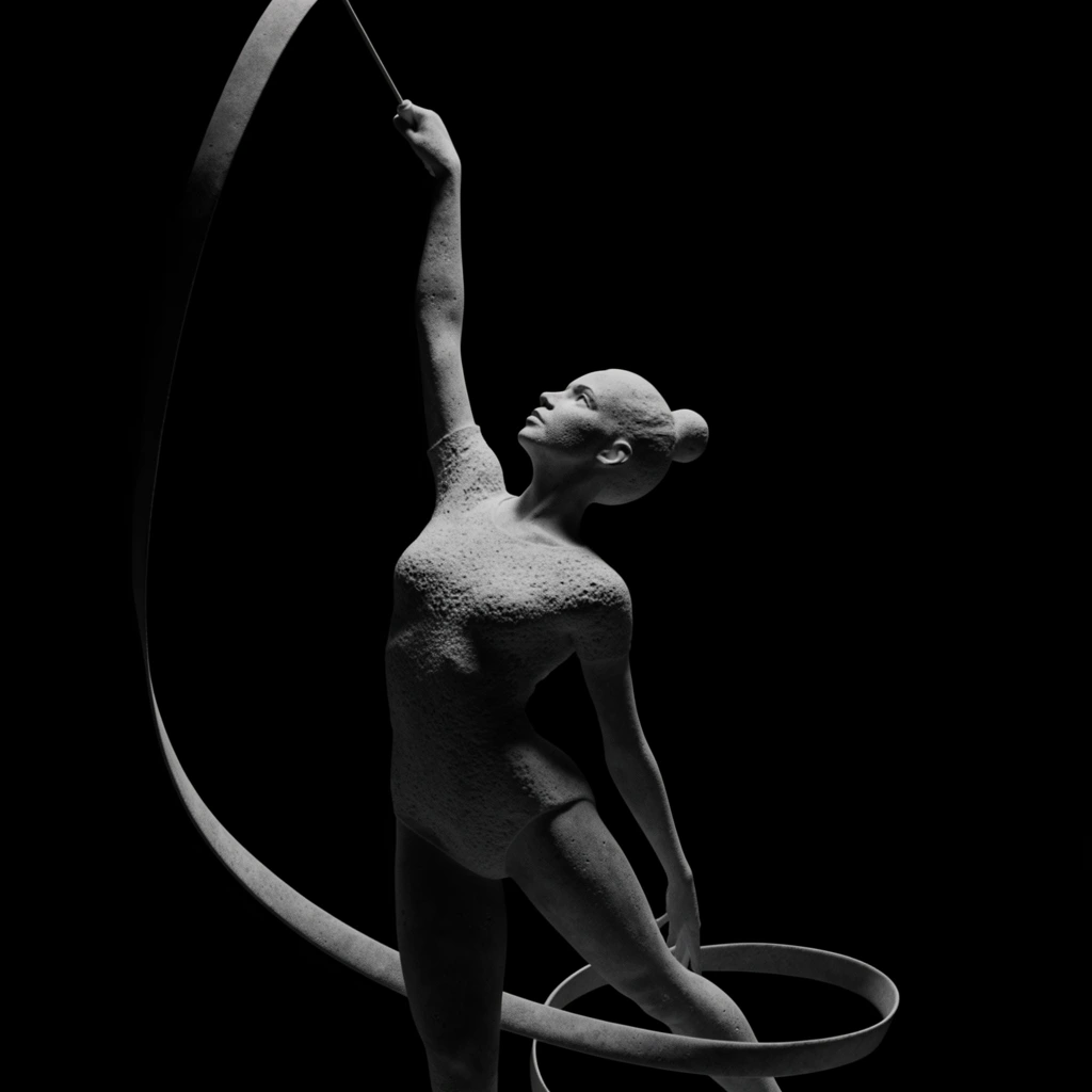 A monochromatic stone-like sculpture of a rhythmic gymnast performing with a sweeping ribbon against a pure black void. The female figure is rendered in a porous, concrete texture, juxtaposing fluid athletic motion with a rigid medium. Wearing a textured leotard and high bun, her head tilts back as she gazes upward. Her raised arm grips a wand, trailing a thick ribbon that arches high above and loops near her legs. Dramatic chiaroscuro lighting from the upper left highlights the rough surface of her face and chest, casting deep shadows across her right side. The high-contrast grayscale 3D rendering emphasizes the stark, sculptural elegance of the dynamic pose.