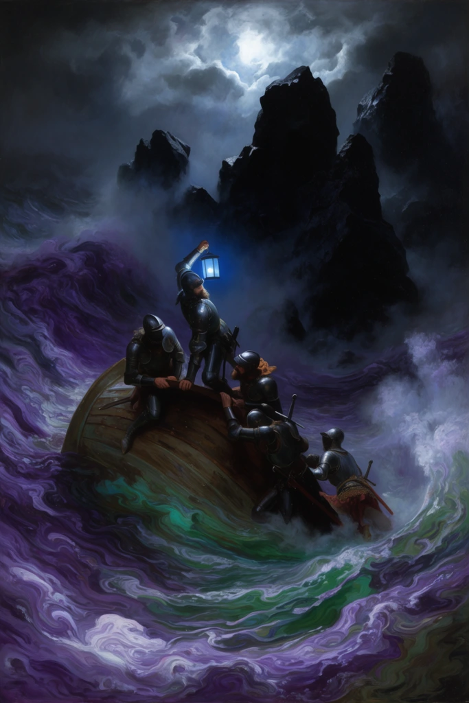 oil painting of armored knights clinging to an overturned wooden hull in a swirling maelstrom, turbulent purple and emerald water crashing with white foam, central figure hoisting a glowing blue lantern, jagged obsidian rocks looming in thick fog, intense cold moonlight piercing tempestuous clouds, dynamic diagonal composition, extreme chiaroscuro, romanticist style, highly detailed fluid textures, dramatic struggle against nature