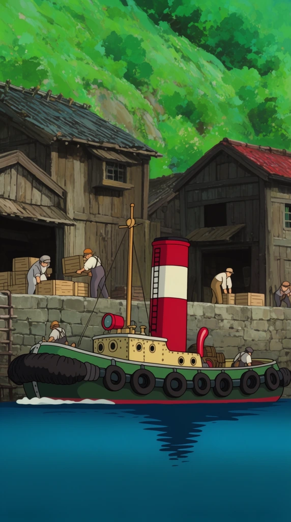 2D anime style, small tugboat at stone harbor, red and white striped smokestack, green hull, black tire bumpers, rustic wooden waterfront warehouses, workers moving crates, steep lush green hillside, bright daytime, blue water, traditional hand-painted animation aesthetic