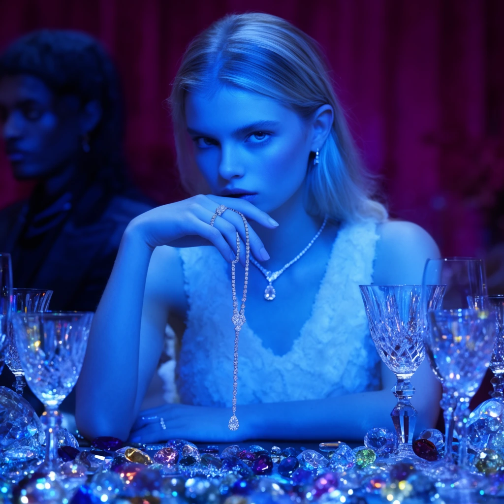 young blonde woman bathed in intense blue light, piercing gaze, resting hand on chin, right hand dangling a diamond necklace, textured white dress, lavish dining table covered with crystal goblets and sparkling gems, blurred background figure in dark clothing, deep magenta ambient backdrop, luxury aesthetic, shallow depth of field