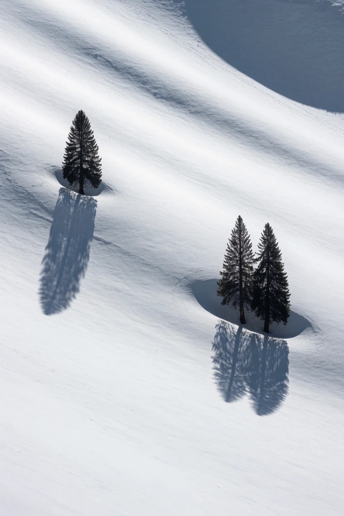 Three solitary evergreen trees punctuate a sweeping, pristine snow-covered hillside in a minimalist high-angle photograph. The stark, dark conical silhouettes of the pines contrast sharply against the luminous white terrain. One tree stands isolated on the upper left, while a pair clusters on the lower right. Deep blue-grey, elongated shadows cascade directly downward from each trunk, tracing the steep incline. The expansive snowfield features subtle, wind-swept diagonal ridges and soft undulating contours shaped by crisp natural light, creating a serene, high-contrast winter landscape.