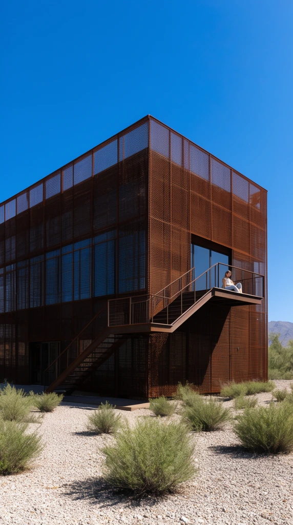 Modern rectangular building clad in rusted metal mesh under a bright blue sky. An exterior steel staircase leads to a small cantilevered balcony where a person sits. Green desert shrubs dot the gravel foreground.