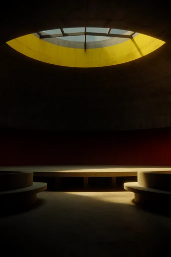 Cinematic Brutalist Bureaucracy style reference image — liminal space