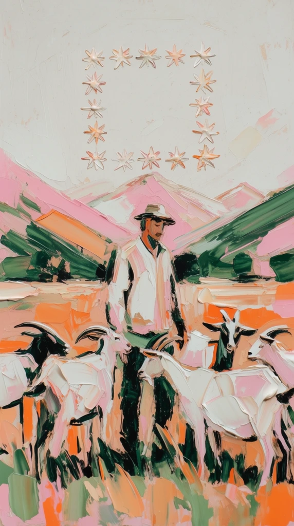 A heavily textured impasto painting of a man standing in a field surrounded by goats, set against a mountainous background under a sky featuring a distinct square formation of stars. The man and the goats occupy the foreground, rendered with thick, sweeping brushstrokes and dense paint layering. Behind them, mountains rise beneath a prominent, geometric square arrangement of stylized stars. The scene is executed in a loose, semi-abstract contemporary painterly style characterized by highly visible palette knife marks and tactile, sculptural paint application. The color palette consists of creamy off-whites, pastel pinks, vibrant warm oranges, and deep forest greens, anchored by sharp, high-contrast dark green and black strokes acting as heavy outlines and deep shadows. Flat blocks of solid color and energetic, gestural marks interlock across the composition, incorporating exposed patches of the bare light background.