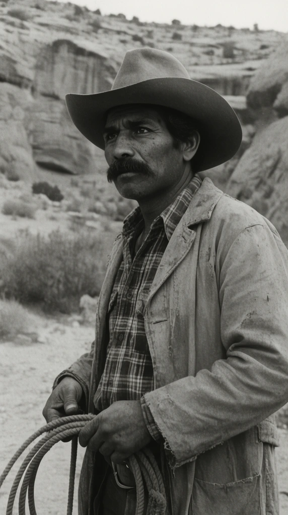 A weathered Hispanic vaquero with a thick mustache stands in three-quarter profile holding a coiled leather lasso. He wears a distressed canvas duster over a plaid flannel shirt, gazing intently off-camera. Behind him lies an out-of-focus arid desert canyon with dusty rock formations and scrub brush. The scene is captured in vintage black and white film photography with heavy grain, cinematic medium framing, and soft natural shadows highlighting his rugged facial features.