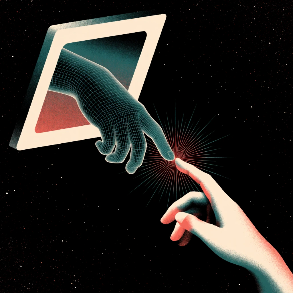 A vintage-style graphic illustration depicts a human hand and a digital wireframe hand reaching towards each other in a dark, star-speckled void, their index fingers nearly touching at a point of light. In the upper left corner, a light-colored, square computer monitor or portal is positioned at an angle, from which a hand made of a teal-colored 3D wireframe mesh emerges. This digital hand reaches downward and to the right, its translucent grid structure revealing the black background beneath. Meeting it from the bottom right is a fleshy, human hand with a pale, grainy texture, its index finger extended upward. At the precise point where the two fingertips almost meet, a multi-pointed starburst of light radiates outward, featuring long, thin spikes in shades of red and teal. The entire scene is set against a solid black background sparsely dotted with small, white, grain-like flecks resembling distant stars. The artistic style is reminiscent of 1980s computer graphics and retro-futurism, characterized by a limited color palette of teal, muted red, off-white, and black, with a high-contrast, stippled texture that gives it a printed, analog appearance. The composition is diagonal, creating a sense of tension and connection between the physical and digital realms.