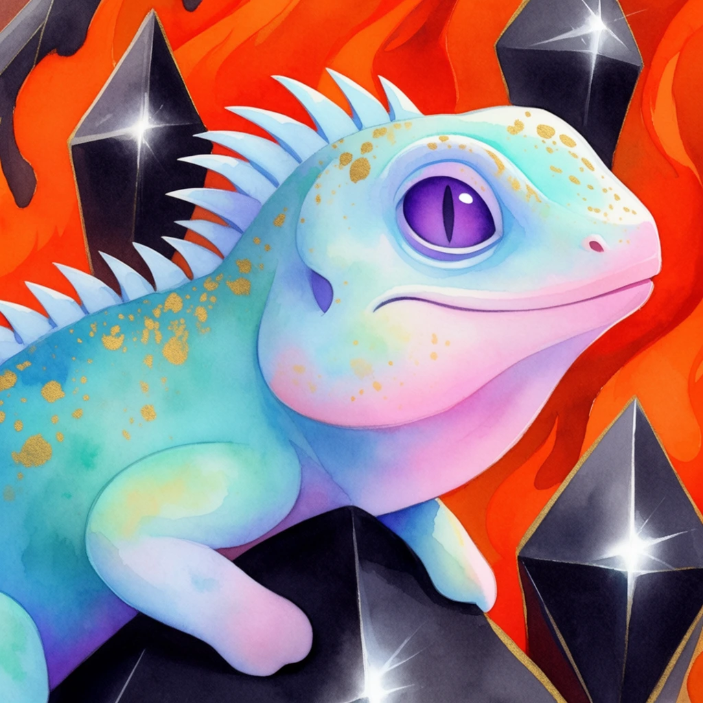 A vibrant, stylized illustration depicts a whimsical, pastel-colored lizard perched on faceted dark geometric shapes against a fiery orange background. The creature features smooth skin rendered in soft gradients of light blue, teal, and pale pink, accented by scattered gold splatter marks across its back and head. A crest of sharp, pale blue spikes runs down its spine. It has a large, prominent purple eye with a vertical slit pupil and a gentle smile. Its short, stubby front legs rest on smooth, dark charcoal-colored diamond structures that reflect bright, starburst-shaped white highlights along their sharp edges. The background contrasts sharply with sweeping, intense orange and crimson shapes resembling stylized flames weaving behind the dark geometric crystals. The artwork utilizes a lush watercolor technique, blending smooth character gradients with crisp, hard-edged environmental geometry.