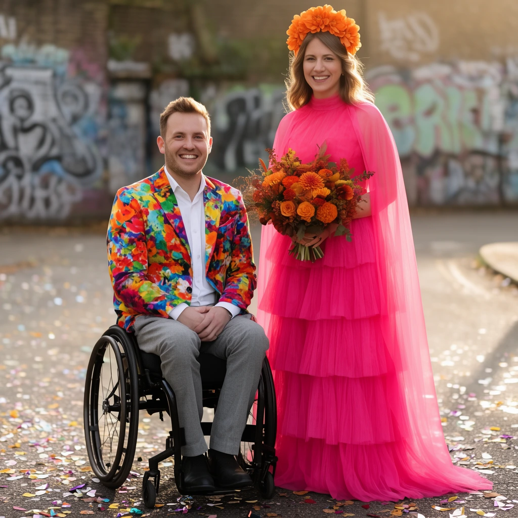smiling man in a black wheelchair wearing a vibrant multicolored floral blazer and grey trousers, woman standing beside him in a tiered bright pink dress with a sheer cape holding an autumnal flower bouquet, large orange floral headpiece, scattered confetti on a paved street, blurred graffiti background, shallow depth of field, warm natural light, candid portrait photography