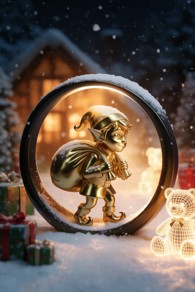 golden metallic 3D figurine of an elf carrying a heavy sack, positioned inside a dark circular ring, fresh snow resting on the ring and sack, snowy nighttime landscape, falling snowflakes, shallow depth of field, out-of-focus background with a warmly lit cottage, wrapped gift boxes, glowing wireframe teddy bear, dramatic warm backlighting, high-gloss reflections, cinematic macro photography