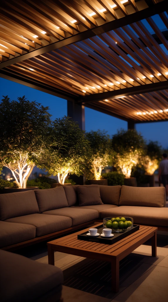 A luxurious outdoor terrace lounge at twilight sits beneath a modern slatted wood pergola with integrated warm recessed lighting. A plush taupe L-shaped sectional sofa anchors the space behind a slatted wooden coffee table. On the table, a dark rectangular tray holds two white ceramic cups and a glass bowl of green citrus fruits. Lush potted trees behind the seating area are dramatically illuminated by warm landscape uplighting, contrasting sharply with the deep blue evening sky. The strong geometric lines of the illuminated roof cast soft shadows, while a softly blurred figure stands in the distant background of this high-end architectural lifestyle photograph.